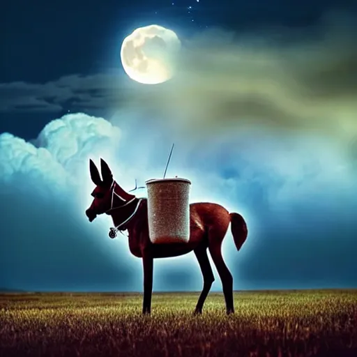 Image similar to a mule with headphones on, under awesome moon lit clouds, stunning photograph, from the point of view of an ant