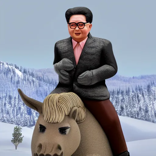 Prompt: 3D render of Kim Jong-il riding on the back of a cute unicorn in a snowy mountain range, highly intricate, highly detailed,