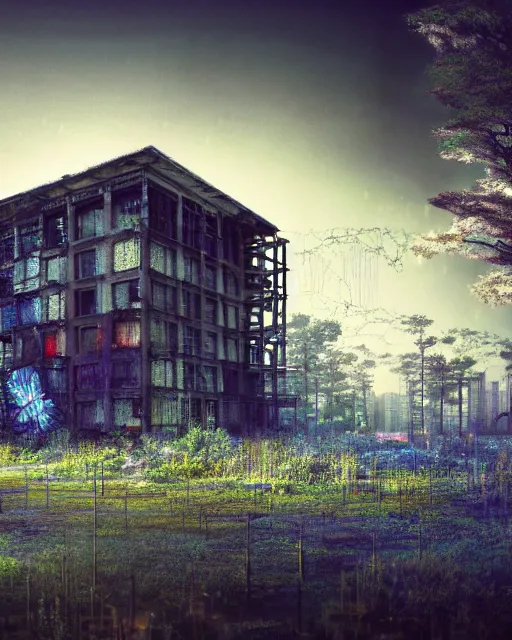 Prompt: a beautiful photorealistic illustration of city unfinished building abandoned establishment by odile decq, darkacademia infrared cyberpunk at dawn anime forest reclaimed by nature lake meadow myst retrowave flowers lightpaint hyperrealism nature thermal imaging, archdaily, wallpaper, highly detailed, trending on artstation.