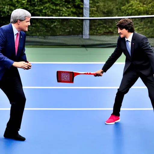 Image similar to justin trudeau facing off against stephen harper in a game of pickleball, photo, 8 k