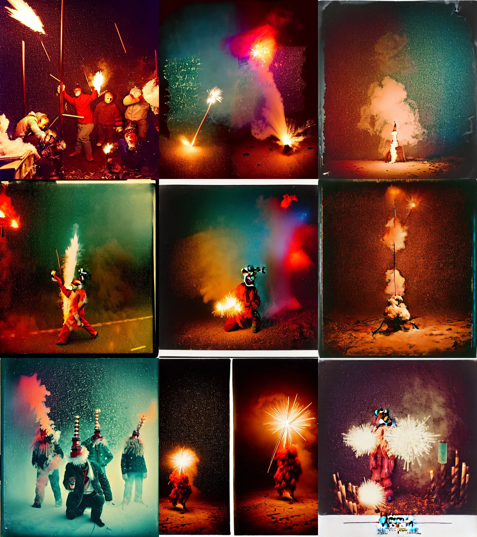 Image similar to kodak portra 4 0 0, wetplate, winter, snowflakes, rainbow coloured rockets, chaos, glitter tornados, award winning dynamic photo of a bunch of hazardous krampus between exploding fire barrels by robert capas, motion blur, in a small pantry at night with colourful pyro fireworks and torches, teal lights