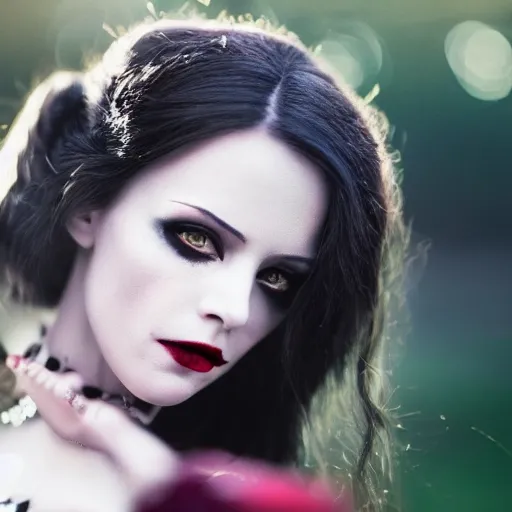 Image similar to A beautiful portrait of a lady vampire, victorian, dracula, ominous, depth of field, 85mm lens, bokeh, irwin penn, high definition, soft light