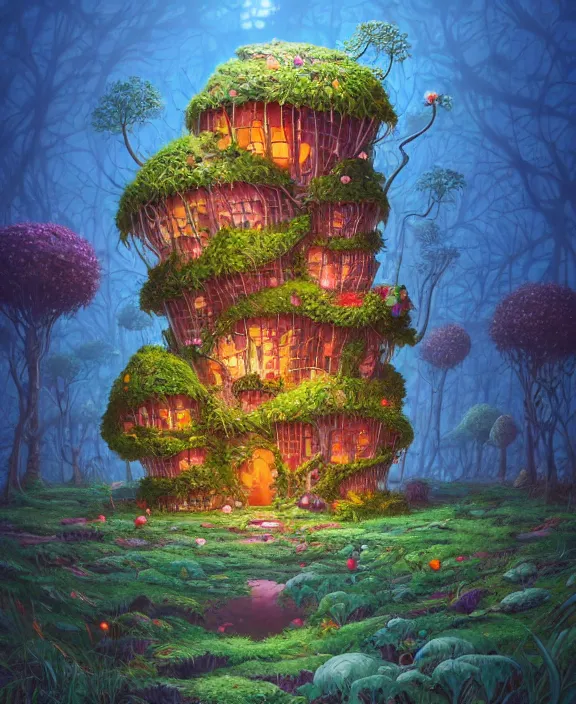 Image similar to a whimsical building made from food, overgrown with huge exotic fungus, deep in the woods, cheerful, stormy, by dan mumford, yusuke murata, makoto shinkai, ross tran, dreamy, cinematic, unreal engine, cel shaded, featured on artstation, pixiv