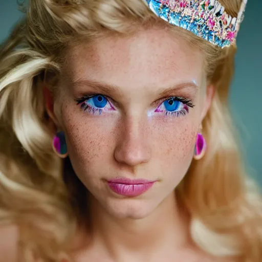 Image similar to close up headshot of a princess with long blonde hair and blue eyes wearing a strapless elaborately beaded pink dress, high resolution film still, 8k, HDR color, film by Simon Langton and David Frankel, triangular face, freckles, narrow chin