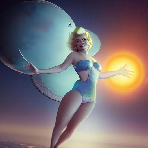 Prompt: surreal marilyn monroe in space, hands around, starship, octane render, trending on artstation, greg rutkowski, cinematic, hyper realism, high detail, octane render, 8k, iridescent accents