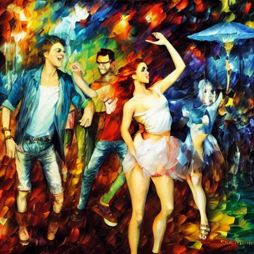 Prompt: rave dance party by arthur adamas, charlie bowater, leonid afremov, chiho ashima, karol bak, david bates, tom chambers