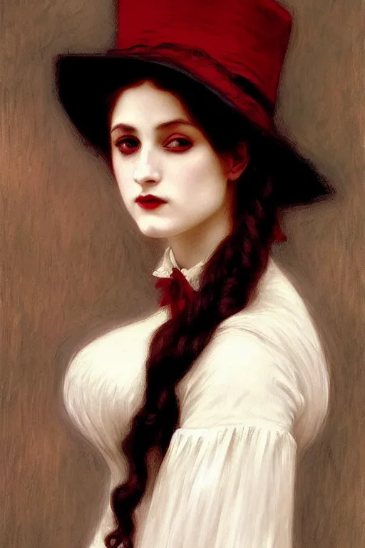 Image similar to victorian vampire in a big hat, white dress, painting by rossetti bouguereau, detailed art, artstation