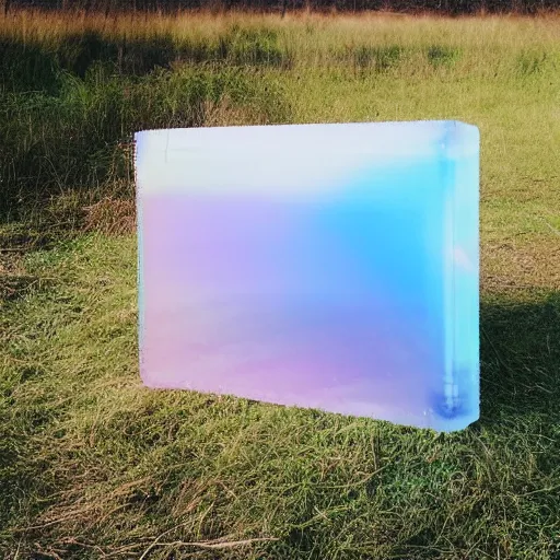 Prompt: a pastel coloured Polaroid photo of a minimalist sunbed made of transparent iridescent perspex stood in a field, beams of light, nostalgic