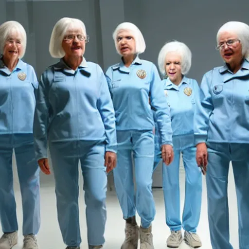 Image similar to troop 1 2 0 - year - old grannies with white bob hairdos, tight light blue neopren suits, futuristic cloning facility, sci - fi, highly detailed, cinematic