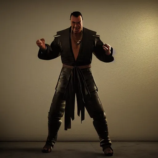 Image similar to hyper realistic, steven seagal from mortal kombat, unreal engine, greg rutkowski, beeple global illumination, translucent, sub - surface scattering,