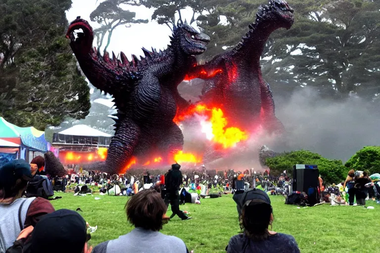 Prompt: godzilla attacking a music festival in golden gate park