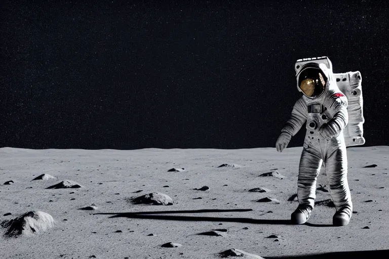 Prompt: still photo of astronaut in a space suit walking on the surface of moon, black and white color aesthetics, highly detailed, photorealistic portrait, bright studio setting, studio lighting, crisp quality and light reflections, unreal engine 5 quality render