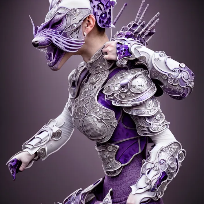 Image similar to porcelain cyborg armor, Chinese Kangxi purple and white fox pattern porcelain, diffuse lighting, fantasy, intricate, elegant, highly detailed, lifelike, photorealistic, digital painting, artstation, illustration, concept art, smooth, sharp focus, art by John Collier and Albert Aublet and Krenz Cushart and Artem Demura and Alphonse Mucha