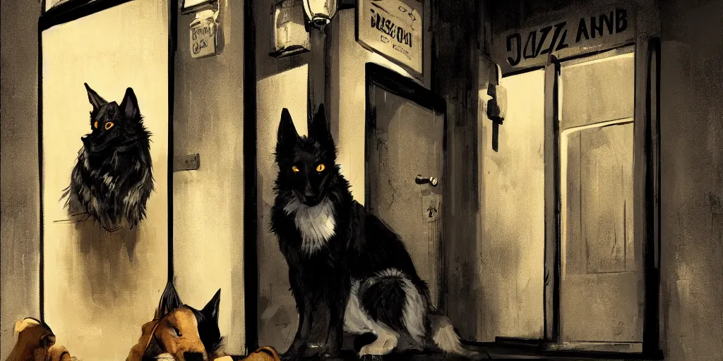 Image similar to a lady dog is waiting at the door of a jazz club, warm color palette, night time, dramatic lighting, german expresionism, noir film, character sheet, fine details, high contrast, blacksad, kim jung gi, greg rutkowski, trending on artstation, 8 k, front view, back view, ultra wide angle