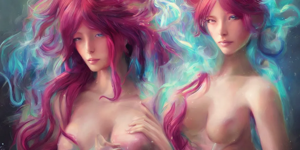 Image similar to a colorful and provenance portrait painting of a fantasy female pretty anime girl in bikini, detailed, highly detailed, hair made of hair made of air wind and curling smoke, mist, dust, genie, spirit fantasy concept art ， art by charlie bowater, trending on artstation.