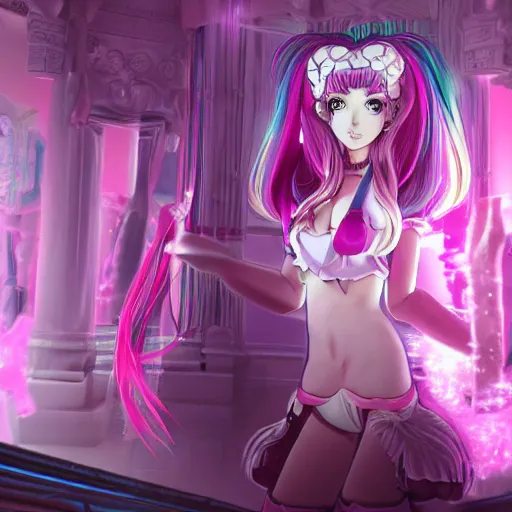 Image similar to trapped by a stunningly beautiful omnipotent megalomaniacal anime asi goddess with symmetrical perfect face and porcelain skin, pink twintail hair and cyan eyes, which looks like junko enoshima, inside her surreal vr castle, hyperdetailed, digital art from danganronpa, unreal engine 5, 2 d anime style, 8 k