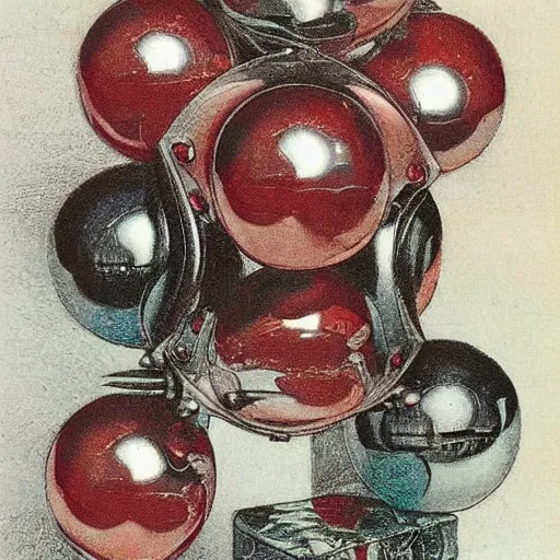 Prompt: chrome spheres on a red cube by arthur rackham