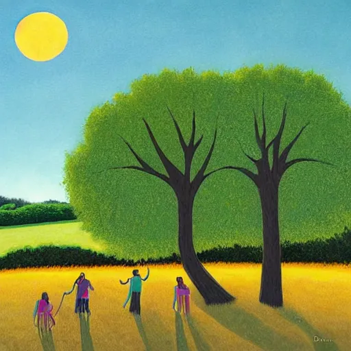 Prompt: Print, the warm, golden light of the sun casts a beautiful glow on the scene, and the gentle breeze ruffles the leaves of the trees. The figures in the print are engaged in a simple activity, the way they are positioned and the expressions on their faces suggest a deep connection. Peace and contentment, idyllic setting. by Debbie Criswell sinister