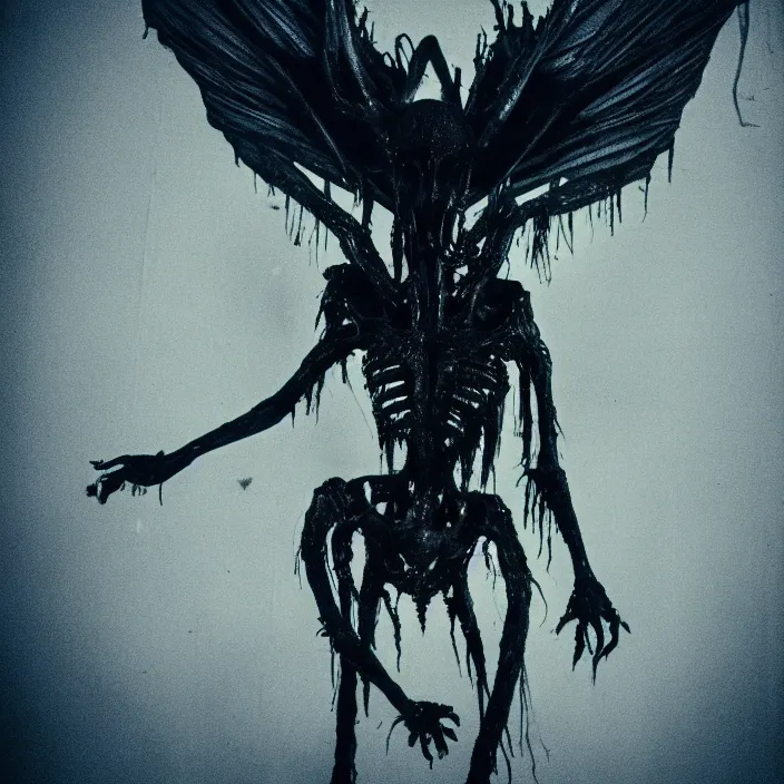 Image similar to a dark artistic photo of an alien creature with crazy wings, liminal eerie midnight backlit, big budget horror, a polaroid photo, bleeding decaying colors!