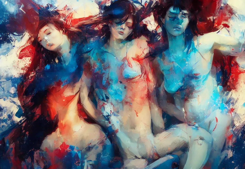 Image similar to full body portrait of a duo of 1 9 years old girl figures, messy hair, oriental tattoos, jewelry, subjects wearing savile row menswear, beautiful, dramatic, cinematic lighting, phtalo blue, lemon, fire red, few vivid pink highlights, visible brushstrokes, by ross tran and jeremy mann and guweiz, oil on canvas, artstation, pixiv