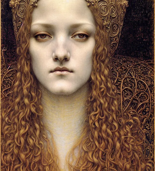 Image similar to detailed realistic beautiful young medieval queen face portrait by jean delville, gustave dore and marco mazzoni, art nouveau, symbolist, visionary, gothic, pre - raphaelite. horizontal symmetry