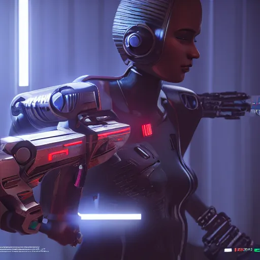 Prompt: cyberpunk robot female holding laser AK-47 unreal engine 5 pixar