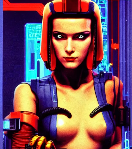 Image similar to cable plugged into cyberdeck, back of head, very very beautiful cyberpunk woman, computer, 1 9 7 9 omni magazine cover, style by vincent di fate, cyberpunk 2 0 7 7, very coherent, detailed, 4 k resolution, unreal engine, daz