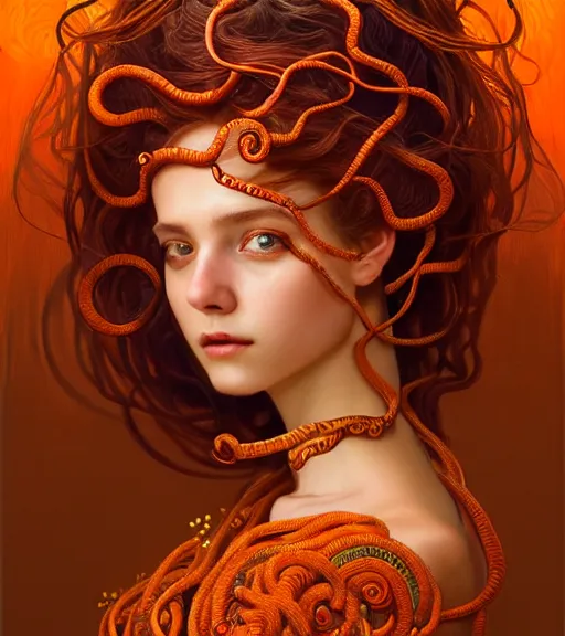 Prompt: portrait of teenage medusa, snake hair, naughty smile, wearing an embroidered orange tunic, intricate, sensual, elegant, copper and emerald jewelry, glowing lights, seductive, highly detailed, digital painting, artstation, concept art, smooth, sharp focus, illustration, art by wlop, mucha, artgerm, and greg rutkowski