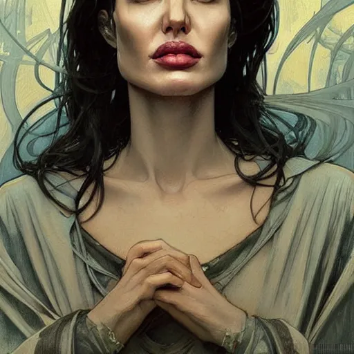 Image similar to portrait of angelina jolie by greg rutkowski, alphonse mucha and ayami kojima, very tall and slim, wearing a oversized jumper jumpsuit, scifi, highly detailed portrait, digital painting, artstation, concept art, smooth, sharp foccus ilustration, artstation hq