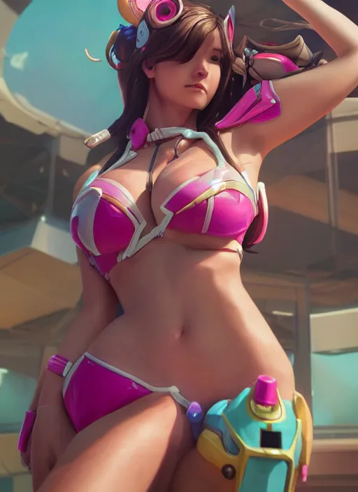 Image similar to d. va from overwatch in a plastic bikini, hyper detailed, digital art, trending in artstation, cinematic lighting, studio quality, smooth render, unreal engine 5 rendered, octane rendered, art style by klimt and nixeu and ian sprigger and wlop and krenz cushart