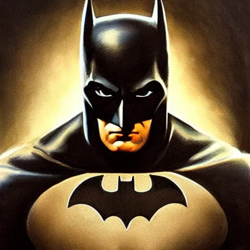 Image similar to an ultra - realistic portrait painting of batman in the style of frank frazetta. 4 k. ultra - realistic. highly detailed. dark fantasy. epic lighting.