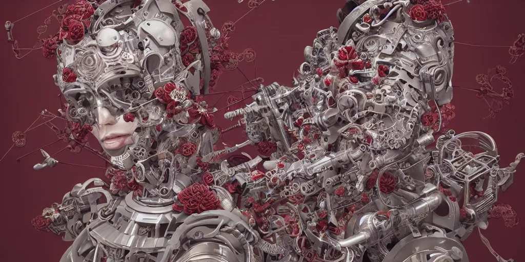 Prompt: hyperrealistic photography of a highly detailed and symmetrical cyborg crafting a machine that makes maroon flowers in the style of Jin Kagetsu, James Jean and wlop, highly detailed, masterpiece, award-winning, sharp focus, intricate concept art, ambient lighting, 8k, artstation