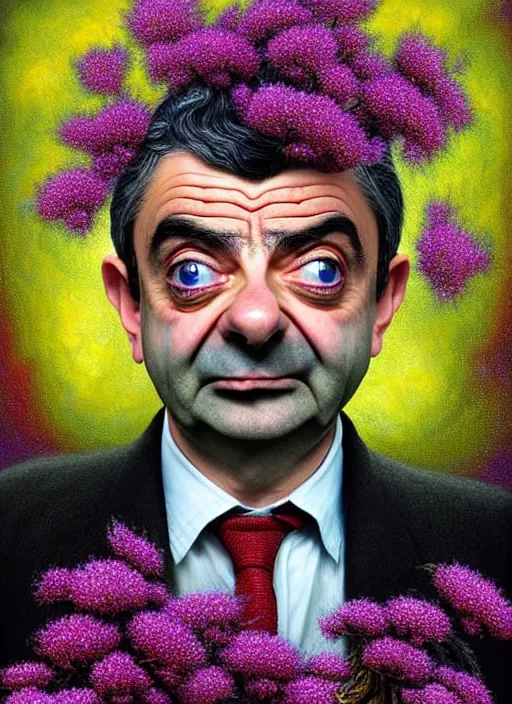 Image similar to hyper detailed 3d render like a Oil painting - silly portrait of Rowan Atkinson as Mr. Bean in Aurora seen Eating of the Strangling network of yellowcake aerochrome and milky Fruit and Her delicate Hands hold of gossamer polyp blossoms bring iridescent fungal flowers whose spores black the foolish stars by Jacek Yerka, Mariusz Lewandowski, Houdini algorithmic generative render, Abstract brush strokes, Masterpiece, Edward Hopper and James Gilleard, Zdzislaw Beksinski, Nicoletta Ceccoli, Wolfgang Lettl, hints of Yayoi Kasuma, octane render, 8k