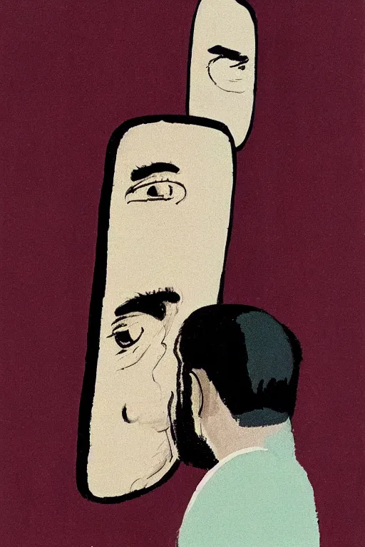 Image similar to man looking at his reflection in the mirror, 1960’s minimalist advertising illustration, painterly, expressive brush strokes