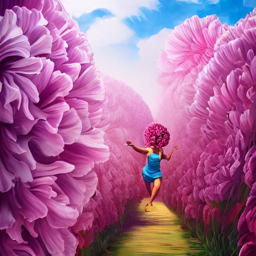 Prompt: gigantic carnation flower head, woman running between luxury apartments, surreal photography, sunlight, impressionist painting, digital painting, artstation, simon stalenhag