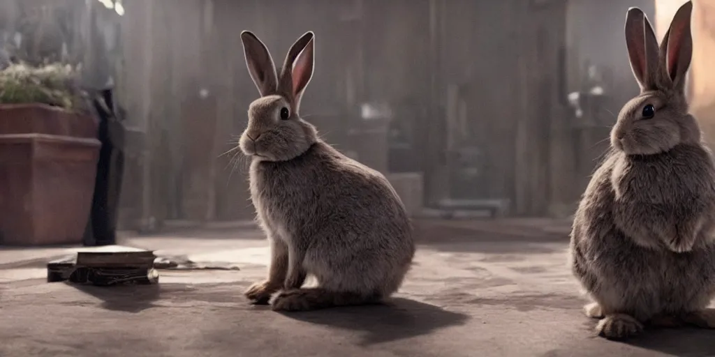 Prompt: a rabbit in the movie the batman from 2 0 2 2, screenshot