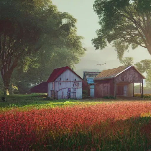 Image similar to country farm in the future, the image is like beautiful dream, 4k post-processing highly detailed, art station, unreal engine + cinematography by Wes Anderson, Wide angle shot, futuristic, volumetric light, Fuji film, intricate detail, hyperreal, hyperrealistic, 4K, Octane render, unreal engine cinematic, sublime atmosphere,