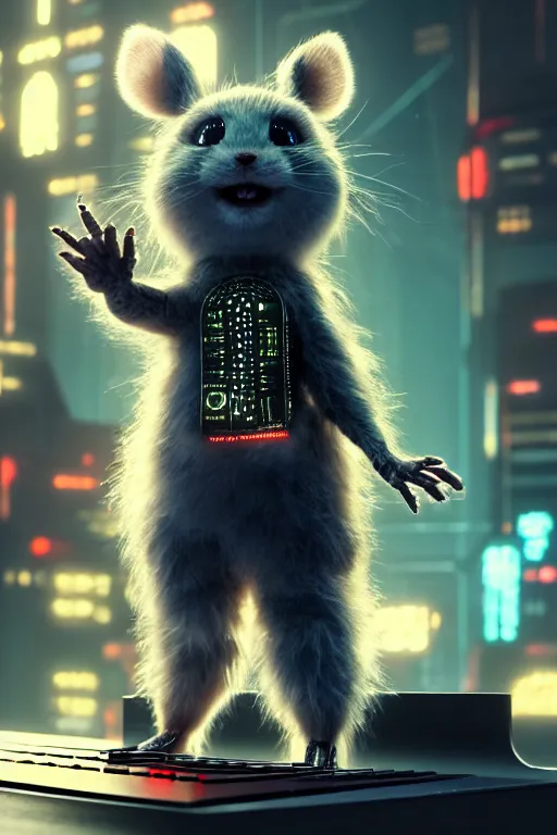 Image similar to high quality 3 d render very cute fluffy cyborg!! rat plays keyboard, cyberpunk highly detailed, unreal engine cinematic smooth, in the style of blade runner & detective pikachu, hannah yata charlie immer, moody light, low angle, uhd 8 k, sharp focus