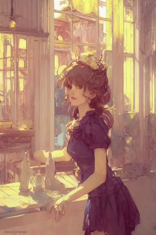 Prompt: A girl in a maid's outfit in a cafe a afternoon, wavy hair yellow theme,S line,45 angel by krenz cushart and mucha and yoneyama mai and greg rutkowski