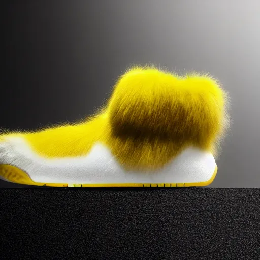 Image similar to nike model shoe made of very fluffy yellow and black faux fur placed on reflective surface, pikachu colors professional advertising, overhead lighting, heavy detail, realistic by nate vanhook, mark miner