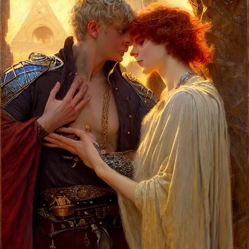 Prompt: stunning arthur pendragon in love with stunning merlin the mage. they are close to each other, touching, looking. highly detailed painting by gaston bussiere, craig mullins, j. c. leyendecker