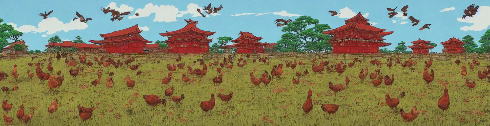 Image similar to big red and brown japanese fort in a meadow with chickens by studio ghibli painting