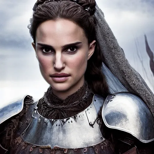 Prompt: head and shoulders portrait of a female knight, young natalie portman, game of thrones, eldritch, silken hair, armored, elaborate detail, vogue fashion photo