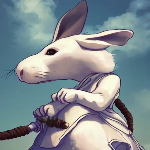 Prompt: a girl riding a giant white rabbit. the girl has short hair and black eyes. finely detailed face. digital art. in the style of miyazaki. 4 k. trending on artstation.