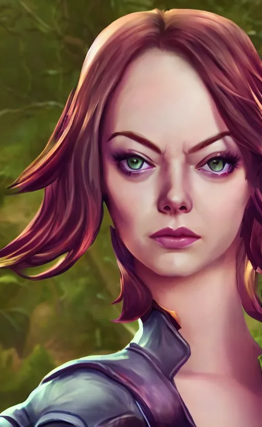 Prompt: Emma Stone as a character in the game League of Legends, with a background based on the game League of Legends, detailed face, old 3d graphics