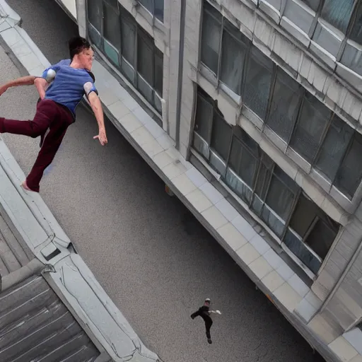 Prompt: a man parkour jumping from rooftop to rooftop