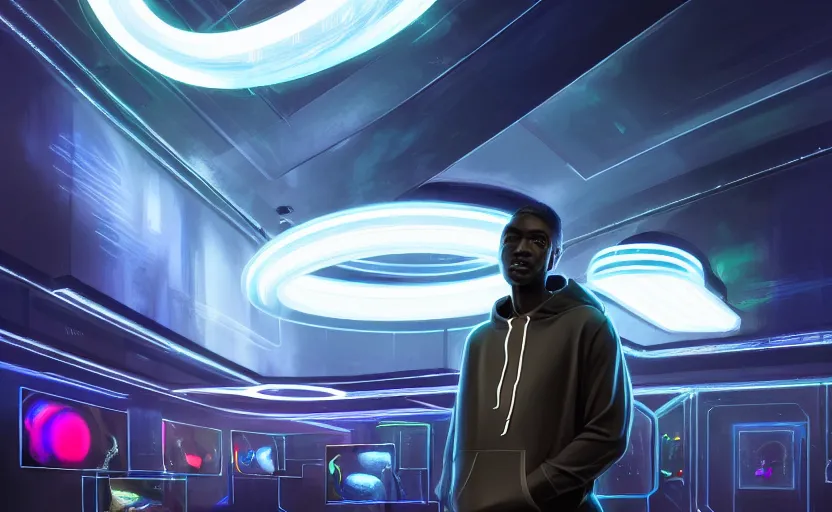 Image similar to portrait of handsome black genius wearing a hoodie in front several curved holographic displays, luxury condo interior, elegant atmosphere, glowing lights, highly detailed, digital painting, artstation, concept art, smooth, sharp focus, illustration, art by wlop, mars ravelo and greg rutkowski