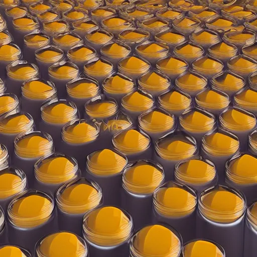 Prompt: 1 0 0 0 0's of yellow - orange colored lip balm tubes in scattered in giant piles, high detail, shaded, backlit, glossy, ultrawide angle, octane render