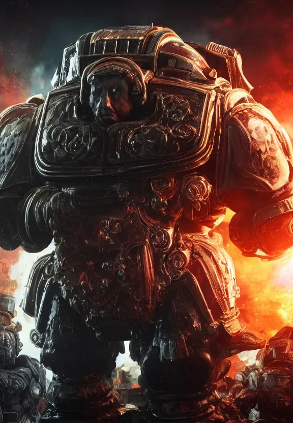 Prompt: Portrait of donald trump as the emperor of humanity from warhammer 40k in Gears of War, splash art, movie still, cinematic lighting, dramatic, octane render, long lens, shallow depth of field, bokeh, anamorphic lens flare, 8k, hyper detailed, 35mm film grain