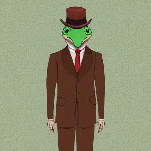 Image similar to “ frog in brown three. piece suit with pocket watch, concept art style ”